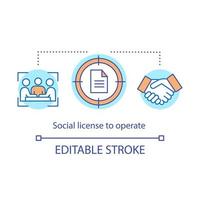 Social licence to operate concept icon. SLO idea thin line illustration. Corporate accountability, responsibility. Agreement, deal, negotiation.. Vector isolated outline drawing. Editable stroke