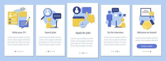 Job search onboarding mobile app page screen vector template. Write CV, apply, interview, get work. Employment. Flat design website instructions. UX, UI, GUI smartphone interface cartoon concept