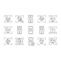 Facial recognition linear icons set. Thin line contour symbols. Face ID scan software. Biometric identification. Isolated vector outline illustrations. Editable stroke