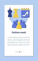 Fashion week mobile app page screen vector template. Showroom. Clothes design. New collection, fashion, runway show. Flat design website instructions. UX, UI, GUI smartphone interface cartoon concept