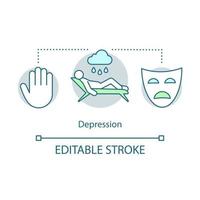 Depression concept icon. Sadness idea thin line illustration. Depressed mental state. Calm, worried person. Nervous tension. Anxiety and burnout. Vector isolated outline drawing. Editable stroke