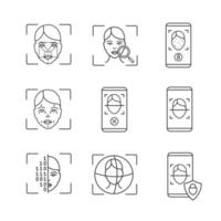 Facial recognition linear icons set. Thin line contour symbols. Faceprint analysis, face lock scanning, smartphone apps, 3d ID scanner. Isolated vector outline illustrations. Editable stroke