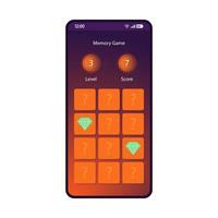 Memory game smartphone interface vector template. Mobile app page gradient design layout. Match pair, concentration, intellectual game screen. Flat UI for application. Brain training. Phone display