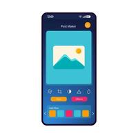 Social media post maker smartphone interface vector template. Mobile app page blue gradient design layout. Photo editor screen. Flat UI for application. Add text, effect, filter feature. Phone display