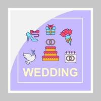 maqueta de publicaciones en redes sociales de bodas. casarse. matrimonio. plantilla de diseño de banner web publicitario. refuerzo de redes sociales, diseño de contenido. borde de promoción aislado, marco con titulares, iconos lineales vector