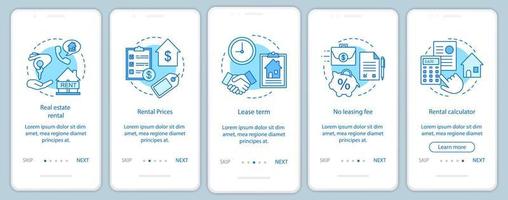 pantalla de la página de la aplicación móvil de incorporación de alquiler de propiedades con conceptos lineales. elija el tipo de vivienda, el precio, el plazo, los pasos del recorrido, las instrucciones gráficas. ux, ui, plantilla vectorial gui con ilustraciones vector