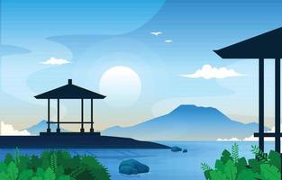 Sea Mountain Gazebo Landscape View Nusa Dua Bali Illustration vector