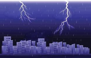 Thunder Storm Lightning Rainy Night City Building Skyline Cityscape Illustration vector