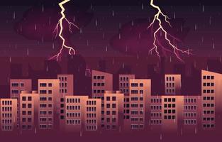 Thunder Storm Lightning Rainy Weather City Building Skyline Cityscape Illustration vector