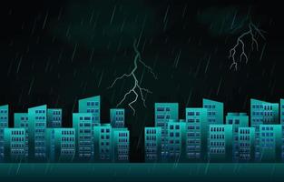 Thunder Storm Lightning Rainy Night City Building Skyline Cityscape Illustration vector