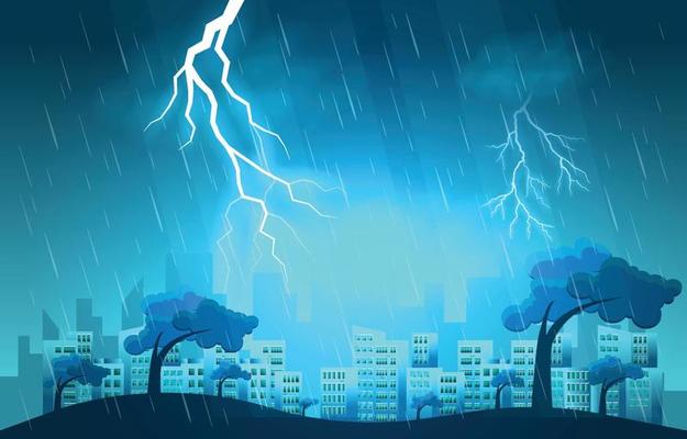 Thunder Storm Lightning Strike Heavy Rain City Building Skyline Cityscape Illustration