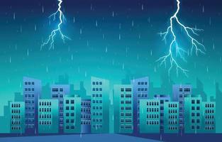 Thunder Storm Lightning Rainy Weather City Building Skyline Cityscape Illustration vector