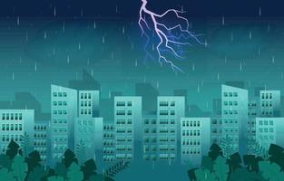 Thunder Storm Lightning Rainy Weather City Building Skyline Cityscape Illustration vector
