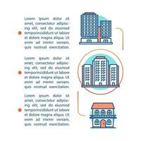 Property types article page vector template. Condo and townhouse. Brochure, magazine, booklet design element with linear icons and text boxes. Print design. Concept illustrations with text space