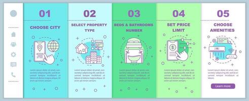 Property select onboarding mobile web pages vector template. Housing reservation. Responsive smartphone website interface idea with linear illustrations. Webpage walkthrough step screen. Color concept