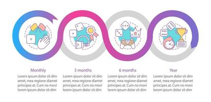 plantilla infográfica vectorial de suscripción de juegos. paga para jugar. realidad virtual, planes tarifarios de juegos de azar. visualización de datos con cuatro pasos y opciones. gráfico de línea de tiempo del proceso. diseño de flujo de trabajo con iconos vector