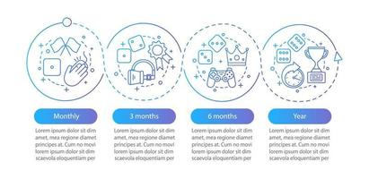 plantilla infográfica vectorial de suscripción de juegos. paga para jugar. realidad virtual, planes tarifarios de juegos de azar. visualización de datos con cuatro pasos y opciones. gráfico de línea de tiempo del proceso. diseño de flujo de trabajo con iconos vector