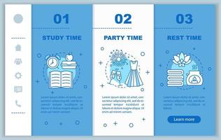 Time management onboarding mobile web pages vector template. Responsive smartphone website interface idea with linear illustrations. Study time webpage walkthrough step screens. Color concept