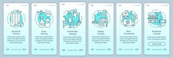 servicios de limpieza que incorporan la pantalla de la página de la aplicación móvil, conceptos lineales. residencial, verde, mudarse de limpieza. instrucciones gráficas de seis pasos de recorrido. ux, ui, plantilla vectorial gui con ilustraciones vector