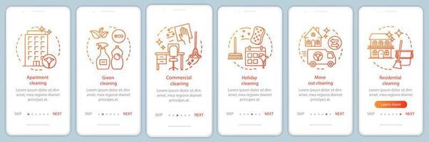 Cleaning services onboarding mobile app page screen, linear concepts. Six walkthrough steps graphic instructions. Holiday, commercial, green cleanup. UX, UI, GUI vector template with illustrations