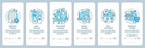 Cleaning services onboarding mobile app page screen, linear concepts. Six walkthrough steps graphic instructions. Holiday, green, move out cleanup. UX, UI, GUI vector template with illustrations