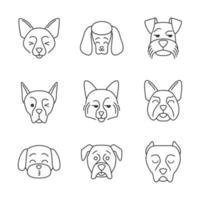 Dogs cute kawaii linear characters. Thin line icon set. Laughing Border Collie and French Bulldog. Winking Doberman. Animals with smiling muzzles. Vector isolated outline illustration. Editable stroke
