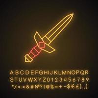 Medieval dagger neon light icon. Double edged small pointed knife. Weapon for medieval knight. Personal protection.Glowing sign with alphabet, numbers and symbols. Vector isolated illustration