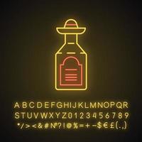 Tequila neon light icon. Mexican strong alcoholic drink. Bottle with sombrero bung. Glowing sign with alphabet, numbers and symbols. Vector isolated illustration