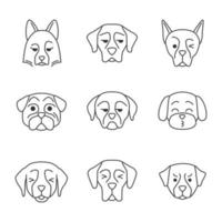 perros lindos personajes lineales kawaii. conjunto de iconos de línea delgada. entrecerrando los ojos golden retriever y great dane. perro bernés enojado. besando maltés. ilustración de contorno aislado vectorial. trazo editable vector