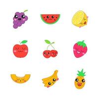 frutas lindos personajes vectoriales kawaii. bayas con cara sonriente. besando piña y plátano. uvas felices y manzana. emoji divertido, emoticono, sonrisa. ilustración de color de dibujos animados aislados vector