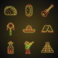 Mexican neon light icons set. Cinco de Mayo. Traditional food, drink, music, clothes, attractions. Taco, burrito, guitar, drum, pyramid, sombrero, serape. Glowing signs. Vector isolated illustrations