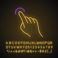 Touchscreen gesture neon light icon. Tap, point, click, drag gesturing. Human hand and fingers. Using sensory devices. Glowing sign with alphabet, numbers and symbols. Vector isolated illustration