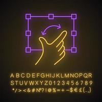 Touchscreen gesture neon light icon. Copy, tap, point, click, drag gesturing. Human hand and fingers. Using sensory devices. Glowing sign with alphabet, numbers, symbols. Vector isolated illustration