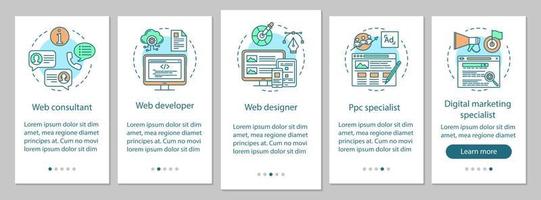 plantilla de vector de pantalla de página de aplicación móvil de incorporación de consultoría web. desarrollo de sitios web. publicidad digital. paso a paso del sitio web con ilustraciones lineales. ux, ui, concepto de interfaz de teléfono inteligente gui