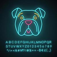 Bulldog cute kawaii neon light character. Dog with hushed muzzle. Happy animal with open mouth. Funny emoji, emoticon. Glowing icon with alphabet, numbers, symbols. Vector isolated illustration
