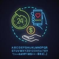 Time of support neon light concept icon. Donate app idea. Charity and volunteering. Around the clock help. Glowing sign with alphabet, numbers and symbols. Vector isolated illustration