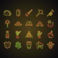 Mexican culture neon light icons set. Cinco de Mayo festival. Traditional Mexican food, musical instruments, clothes, people, fun. Glowing signs. Vector isolated illustrations