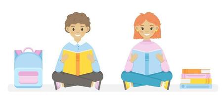 Kids reading books. Cute boy and a girl siting and hold open books in their hands. Isolated on white background. vector