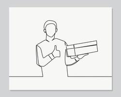hombre sosteniendo caja de cartón ilustración de una línea continua vector