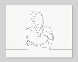 man crossed arms, looking up and looking pensive continuous one line illustration