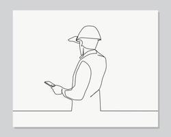 man engineer is checking with tablet an operation continuous one line illustration vector