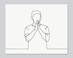 man in striped t-shirt keeping hands in praying continuous one line illustration vector