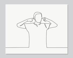 man plugging ears with fingers continuous one line illustration vector