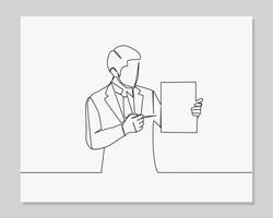 Man in suit standing in office with clipboard continuous one line illustration vector