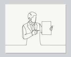 Man in suit standing in office with clipboard continuous one line illustration vector