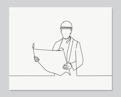 man architect builder studying layout plan of the rooms continuous one line illustration vector