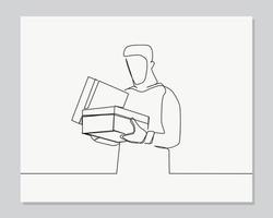 hombre mirando cajas de cartón con capucha ilustración continua de una línea vector