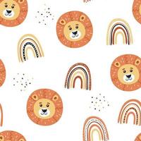 Lion and rainbows. Seamless pattern. Cute baby print. Vector illustration
