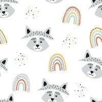 Raccoon and rainbows. Seamless pattern. Cute baby print. Vector illustration