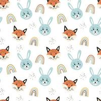 Rabbit, fox and rainbow. Seamless pattern. Cute baby print. Vector illustration